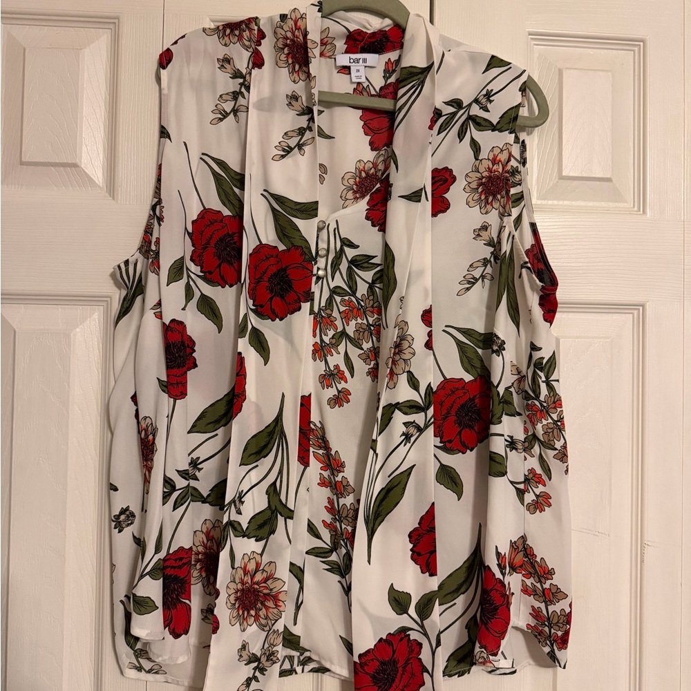 Bar III White Cold-Shoulder Blouse with Red Floral Print